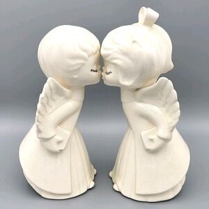 Ceramic Kissing 8" Angel Boy & Girl Figurines - Off White Glaze - Some Chipping
